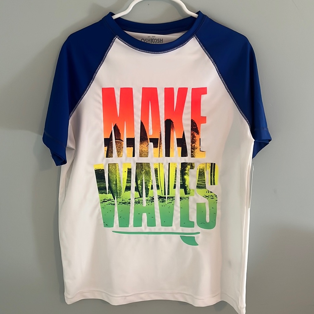 NWT! Osh Kosh white rashguard short blue sleeves “Make Waves” multicolored